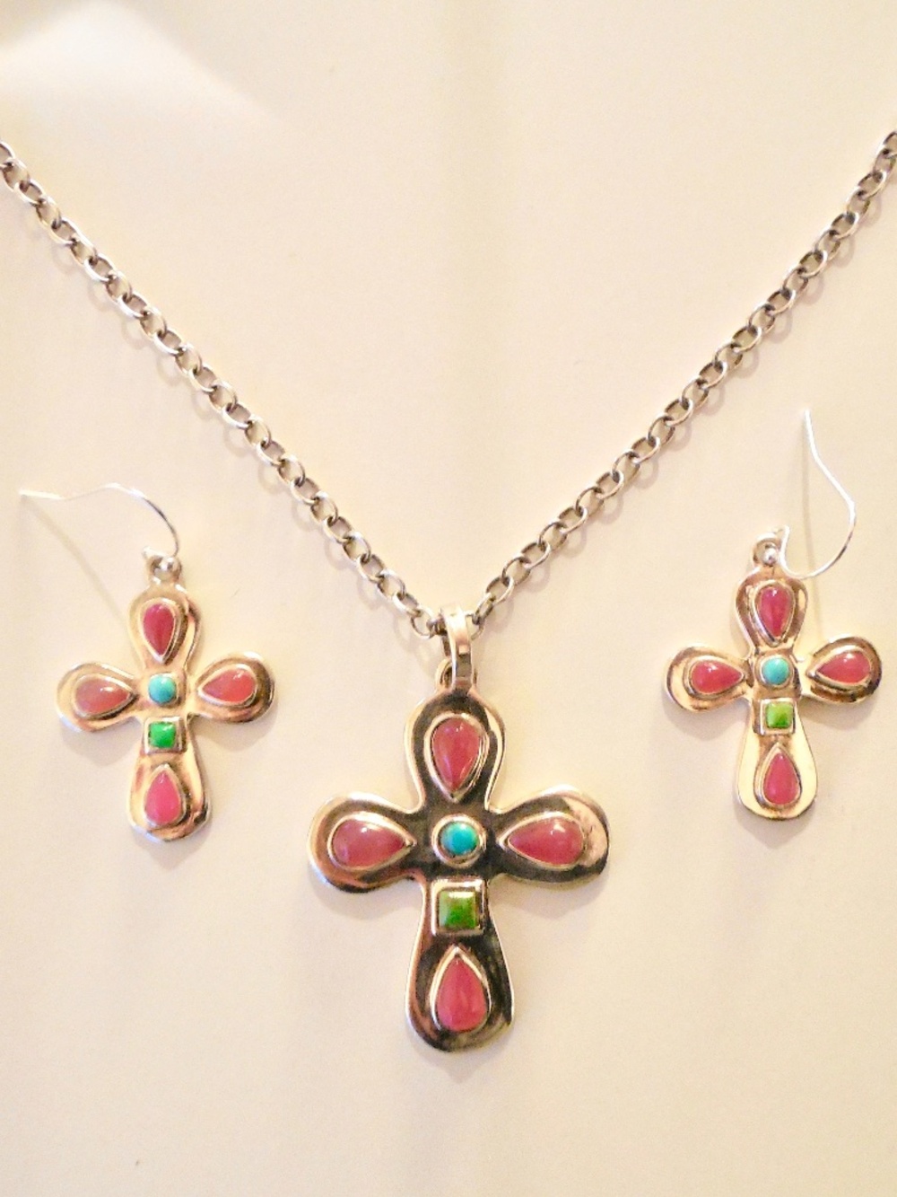 VINTAGE BARSE 925 Sterling Silver PINK & TURQUOISE Cross Necklace Earrings Set